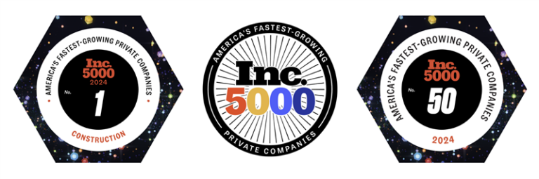 Inc. 5000 2024 badges: No. 1 in construction, the Inc. 5000 seal, and No. 50 of America’s fastest-growing private companies